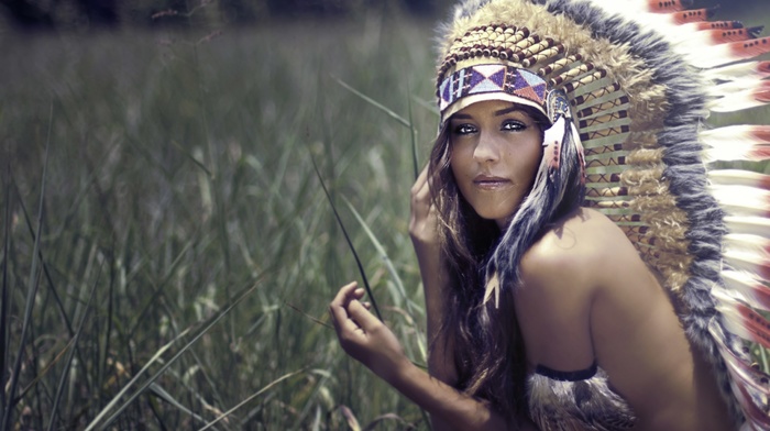 brunette, strategic covering, headdress, native americans, girl