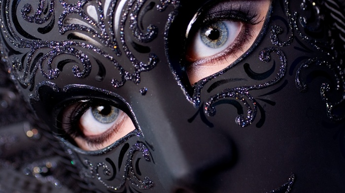 black, venetian masks, blue eyes