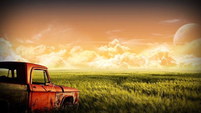 moon, red, landscape, green, old car, nature