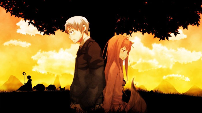 silhouette, redhead, anime, white hair, Spice and Wolf, Holo, trees