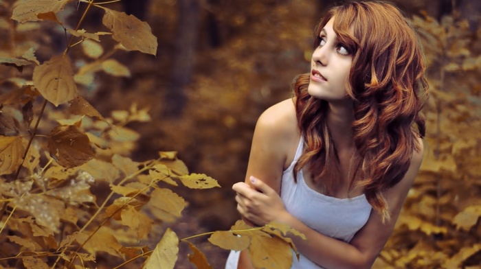 redhead, leaves, girl, nature