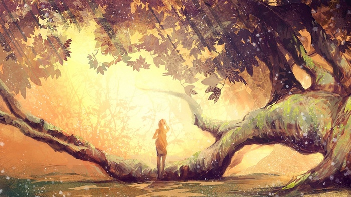 girl, trees, artwork