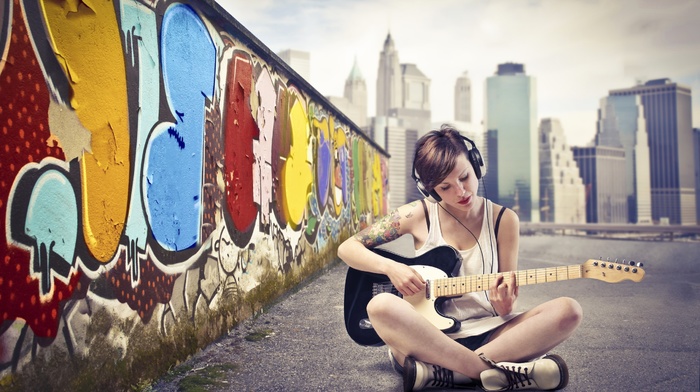 graffiti, girl, guitar, brunette