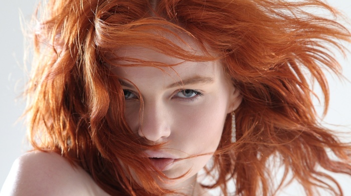 portrait, redhead, hair in face, girl