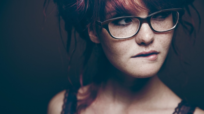 girl with glasses, biting lip, glasses, redhead, freckles, girl, looking away