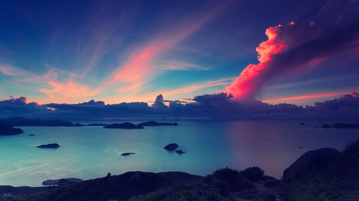 landscape, calm, island, sea, clouds, sky, sunset, nature, coast