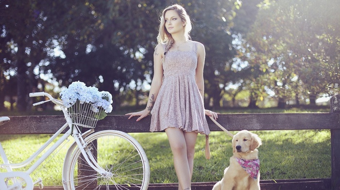 model, skirt, dog, flowers, bicycle, blonde, tattoo, girl