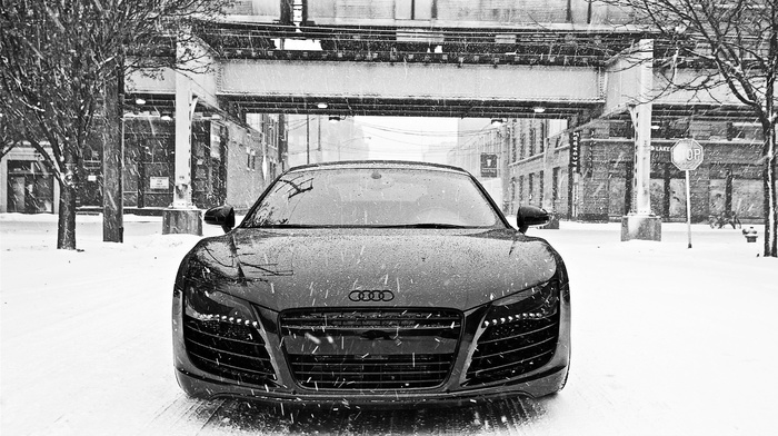 snow, Audi, monochrome, car, r8