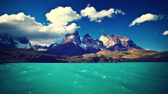 landscape, mountain, clouds, water, Chile, Torres del Paine, lake