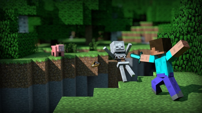 Minecraft, video games, pigs, Steve, skeleton