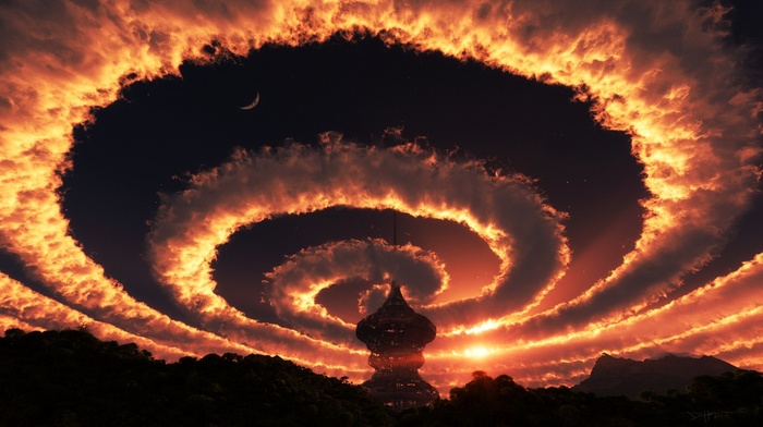 spiral, landscape, clouds, fantasy art, sky