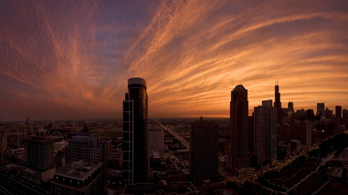 fisheye lens, city, sunset, skyscraper, clouds, Chicago, cityscape, USA, skyline, building