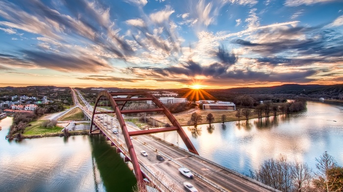 bridge, Texas, sunset, HDR, cityscape, river