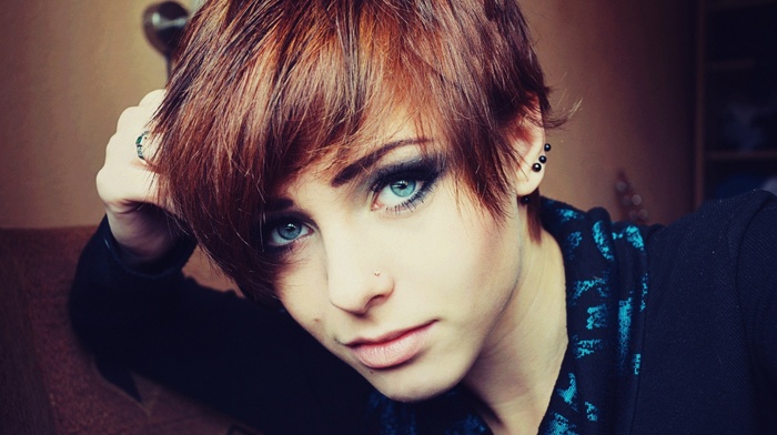 piercing, girl, Lana Branishti, redhead, blue eyes, face, short hair