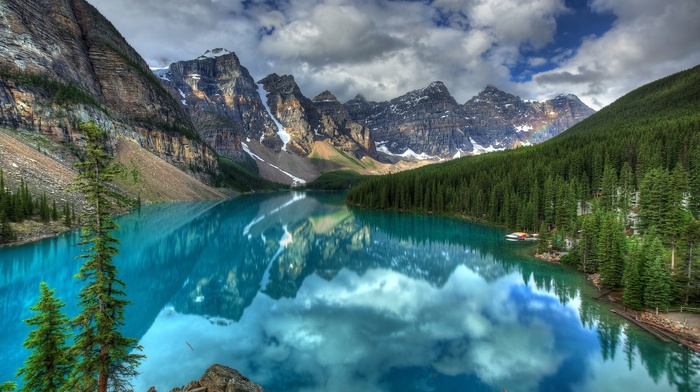 HDR, landscape, nature, mountain, lake, reflection, trees