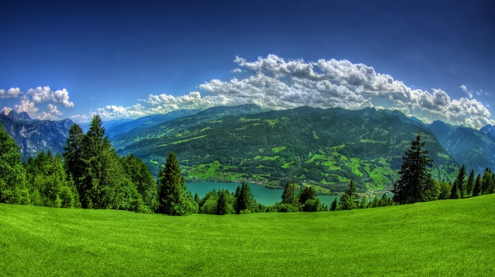 landscape, Walensee, clouds, grass, lake, nature