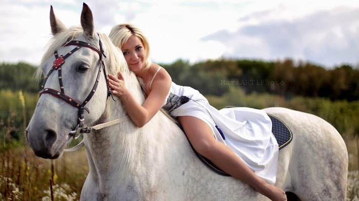 horse, girl, legs, tights, blonde, dress