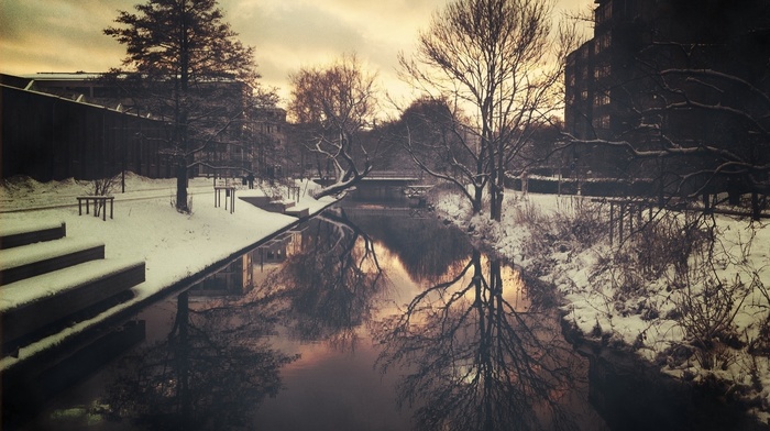 snow, river, winter, trees