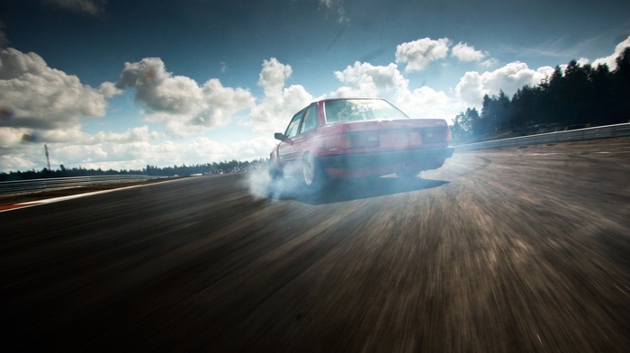 clouds, BMW E30, drift, smoke, car, race tracks