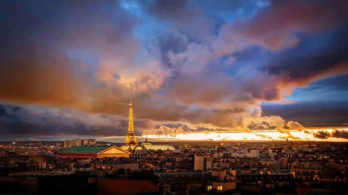 city, Paris, sky, Eiffel Tower, cityscape, lights, building