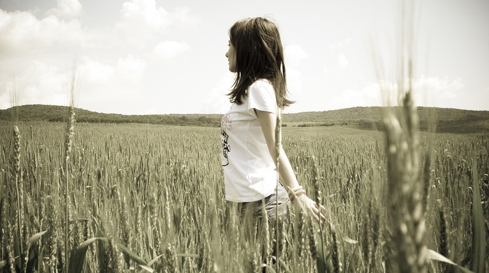 printed shirts, wheat, field, girl, jeans, brunette, filter