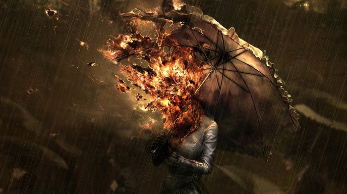 fire, umbrella, rain