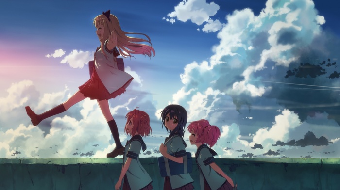 school uniform, Yoshikawa Chinatsu, sky, Toshinou Kyouko, Akaza Akari, anime girls, Yuru Yuri, clouds, anime, Funami Yui