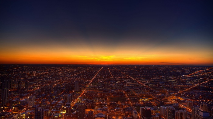 sunset, lights, Chicago