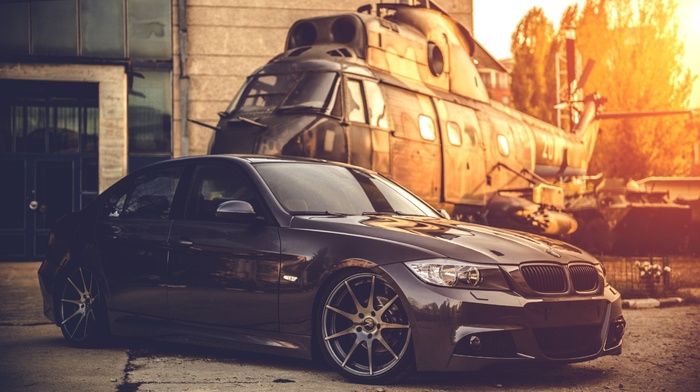 bmw serie 3, helicopters, sunset, car