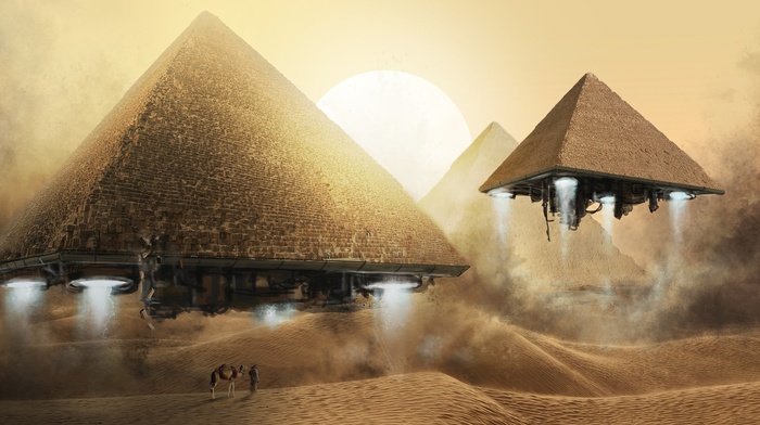 desert, pyramid, fantasy art, sand, camels, egypt, abstract