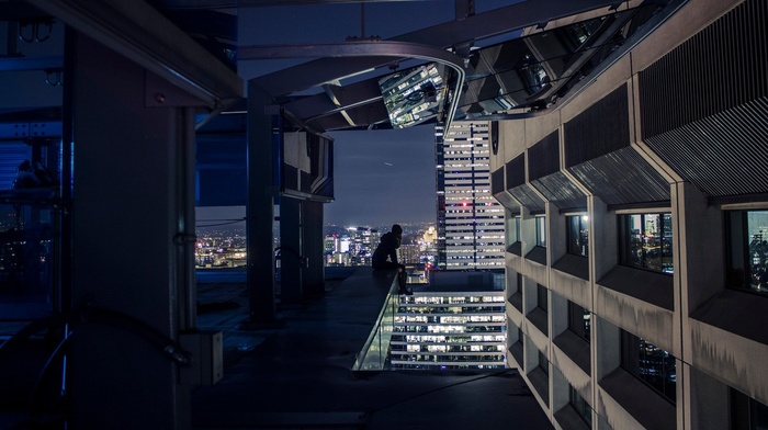 sitting, girl, night, architecture, city