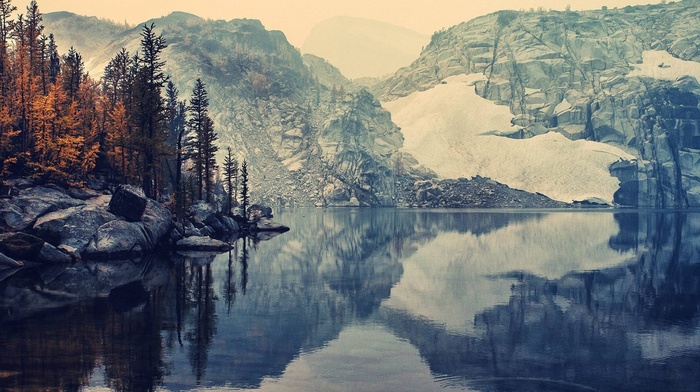 reflection, snow, trees, winter, mountain, nature, lake