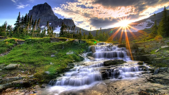 sunrise, landscape, sky, sunlight, waterfall, water, mountain