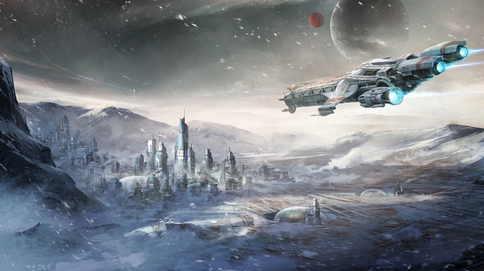 spaceship, digital art, Star Citizen, Caterpillar, cityscape, snow