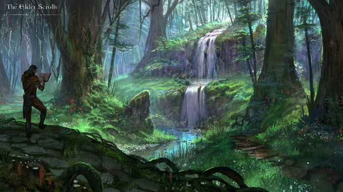artwork, the elder scrolls online, waterfall, forest