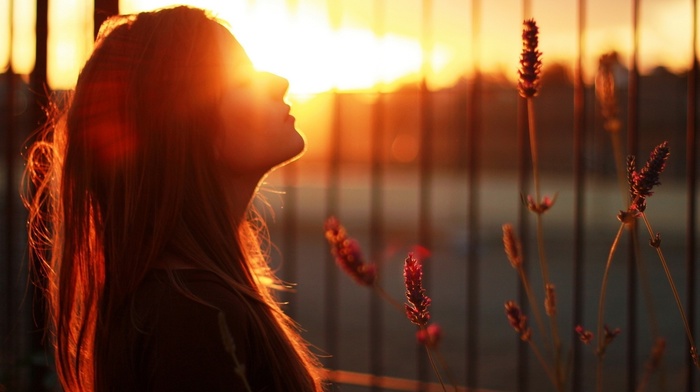 orange, girl, sunlight, sunset