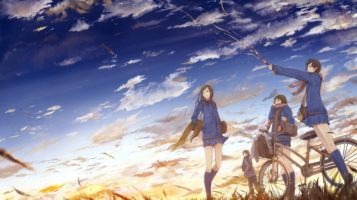 anime girls, anime, sunset, bicycle, schoolgirls, school uniform, original characters, clouds, sky