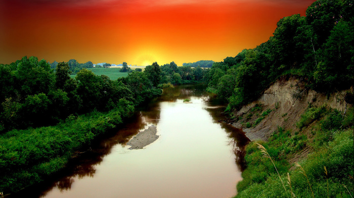 nature, sunset, cliff, river