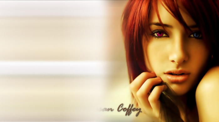 redhead, CGI, red eyes, blue eyes, model, Susan Coffey
