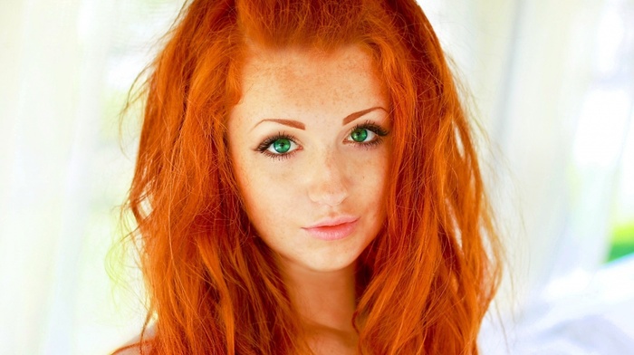 redhead, face, girl, portrait, model, green eyes, freckles