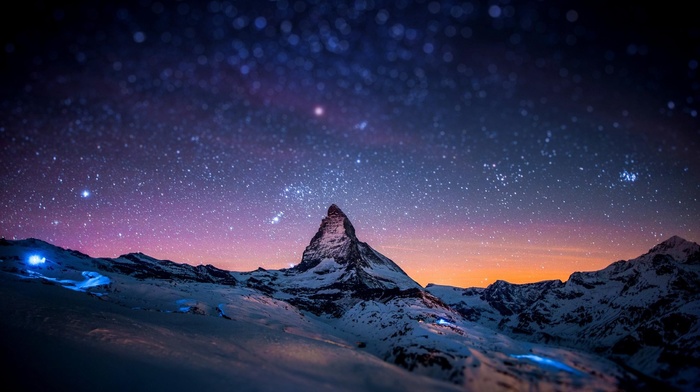 winter, space, snow, night, mountain, lights, stars, Matterhorn, tilt shift