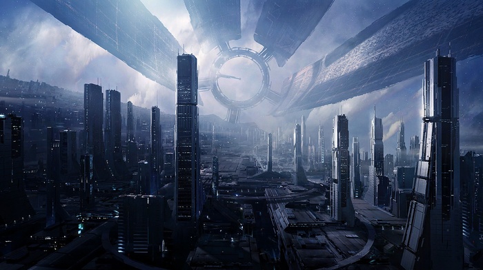 Citadel, Mass Effect, skyscraper, space station, digital art, space, cityscape, nebula, futuristic