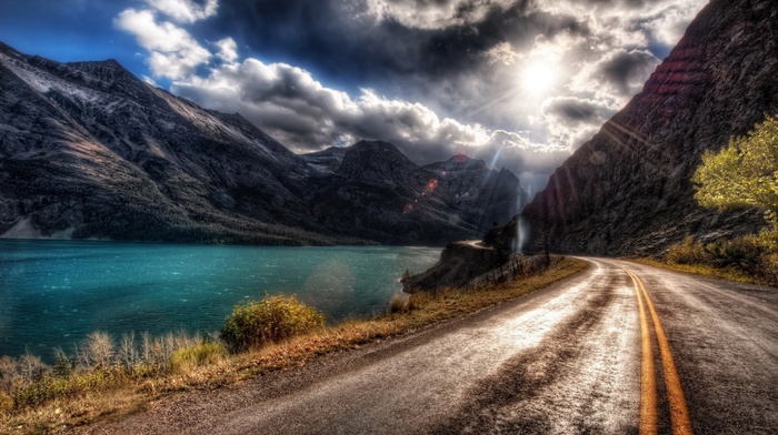 sky, nature, road, landscape, lake