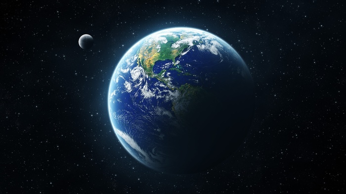 Earth, moon, space