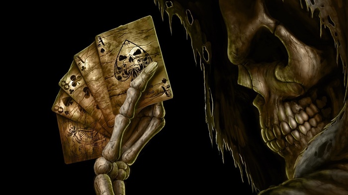 skeleton, skull, grim reaper, cards, black background