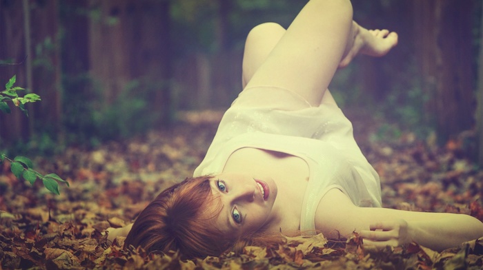 girl, forest, leaves, barefoot