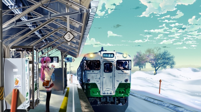 winter, anime, train station, girl, train