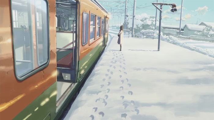 winter, anime, 5 Centimeters Per Second, footprints, girl, Makoto Shinkai, train, train station, snow