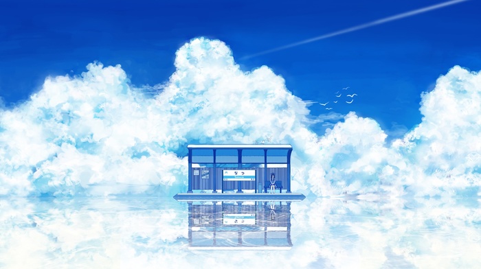 train station, clouds, anime