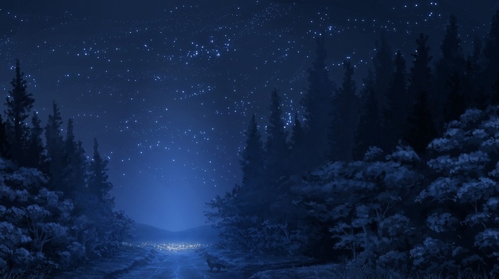 anime, trees, fox, road, night, forest, stars